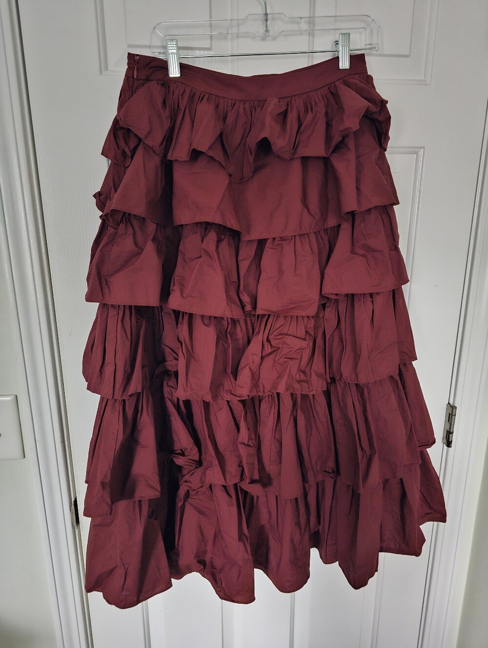 English Factory Burgundy Tiered Ruffle Midi Skirt Size L Cotton Blend Cottagecor - Picture 3 of 5